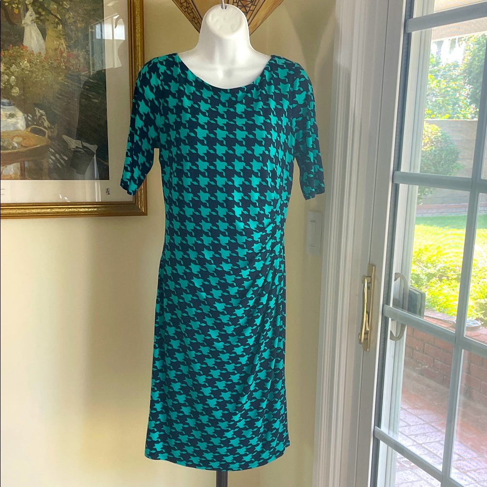 Anne Klein Teal / Navy Blue Houndstooth Midi Dress, Excellent condition! Size 6